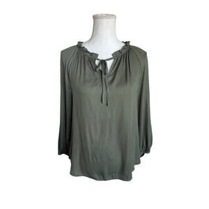 LOFT Green Tie Neck Blouse Women’s Small Long Sleeve Ruffle Neck Relaxed Fit
